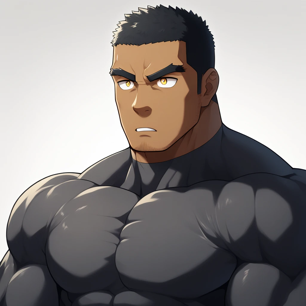 negro, negro, negro, anime characters:Gyee, Muscle Sports Student, negro black skin, 1 muscular tough guy, Manliness, male focus, Dark grey long sleeve tights, Very tight, The pectoral muscles are oversized, Slightly transparent, muscular male, muscular, only, Upper body, alone, Black short hair, Thick eyebrows, stubble, Yellow eyes, White background, simple background, amazing quality, best aesthetics, Ridiculous, bright pupils, crew cut, parted lips, v-shaped eyebrows, jitome, best quality