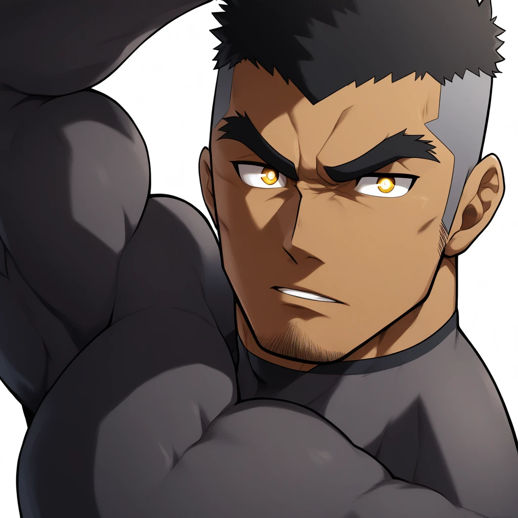 negro, negro, negro, anime characters:Gyee, Muscle Sports Student, negro black skin, 1 muscular tough guy, Manliness, male focus, Dark grey long sleeve tights, Very tight, The pectoral muscles are oversized, Slightly transparent, muscular male, muscular, only, Upper body, alone, Black short hair, Thick eyebrows, stubble, Yellow eyes, White background, simple background, amazing quality, best aesthetics, Ridiculous, bright pupils, crew cut, parted lips, v-shaped eyebrows, jitome, best quality