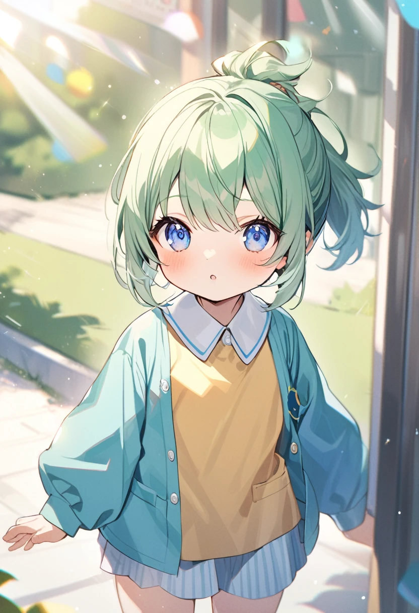 1girl,green hair,short ponytail,blue eyes,kids uniform