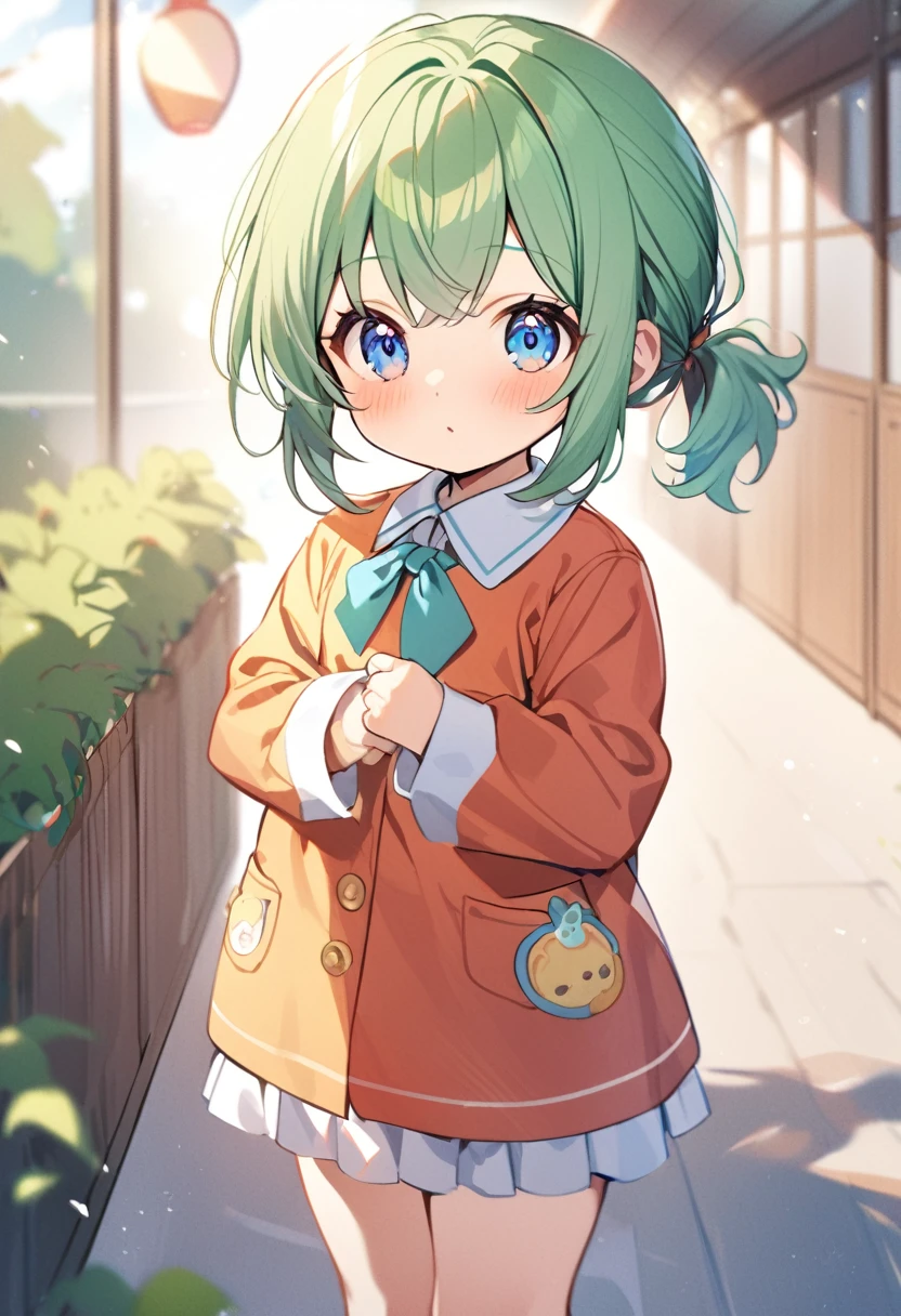 1girl,green hair,short ponytail,blue eyes,kids uniform