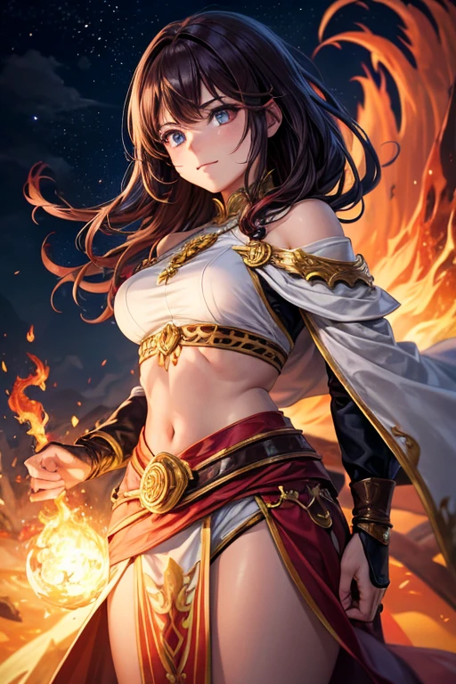 Create a female fire monster character for a fantasy setting. describe your physical characteristics, habilidades especiais, e sua personalidade. Inclua detalhes como:
Appearance: Tamanho, cor e textura da pele, cabelos ou chamas, olhos, and any other distinguishing features.
Habilidades: Poderes relacionados ao fogo, Resistance, and any other magical or physical ability.
Personalidade: Temperamento, motivation, como interage com outros personagens e seu papel no mundo de fantasia.