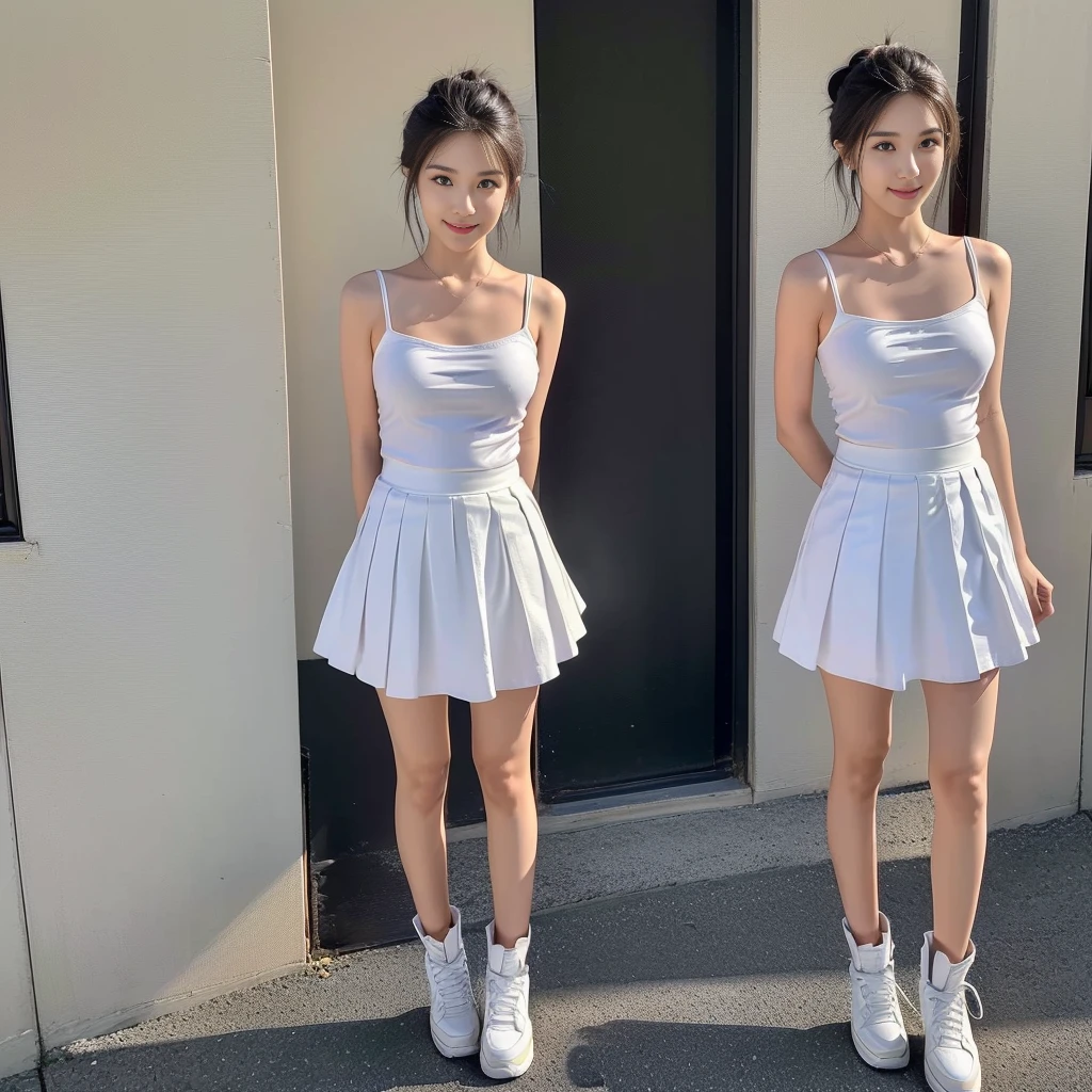 (a girl pretty girl with perfect figure), (Short flared dress), (white bra), (strapless dress), (cotton spaghetti-strap top :1.2), ((Hem full flared dress)), (midi(32K,1 20-year-old girl, The light from the rear window is backlit, Ray traching), (full body), (white sneakers), (a pair of white leather boots, highly detailed boots), (hair black), (two-parted hair :1.3), (very thick hair), (hands close to the body), (Slender chest), (visible shoe sole :1,5), (short upper chest :1.5), (pectoral muscles are large :1.5), (upper breasts are firm and round :1.5), (stretches chest stretching), (stand upright), (two shoe ends), (two shoe toes) ,(put on blush), (apply powder), (makeup), (standing), (asian girl princess), (Oversized T-shirt with excess fabric when tucked into a skirt), (seamless skirt), (long shins) , (big shins), (A hem full flared skirt)
