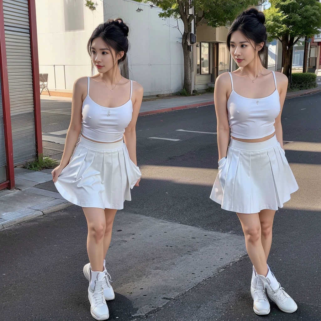 (a girl pretty girl with perfect figure), (Short flared dress), (white bra), (strapless dress), (cotton spaghetti-strap top :1.2), ((Hem full flared dress)), (midi(32K,1 20-year-old girl, The light from the rear window is backlit, Ray traching), (full body), (white sneakers), (a pair of white leather boots, highly detailed boots), (hair black), (two-parted hair :1.3), (very thick hair), (hands close to the body), (Slender chest), (visible shoe sole :1,5), (short upper chest :1.5), (pectoral muscles are large :1.5), (upper breasts are firm and round :1.5), (stretches chest stretching), (stand upright), (two shoe ends), (two shoe toes) ,(put on blush), (apply powder), (makeup), (standing), (asian girl princess), (Oversized T-shirt with excess fabric when tucked into a skirt), (seamless skirt), (long shins) , (big shins), (A hem full flared skirt)