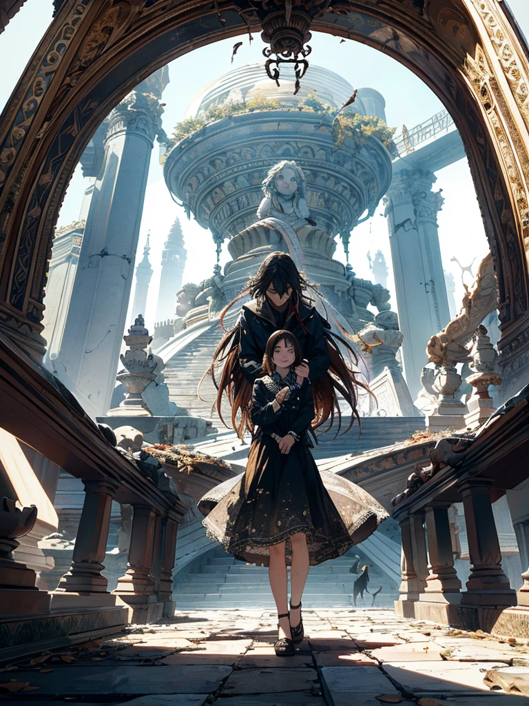 Absurd, high resolution, ultra-detailed, (1 girl:1.3), broken, design a beautiful temple scene, intricate architecture, lush gardens, and a sense of peace and spirituality. Broken, creating an image of a destructive demon with terrifying features, dark powers, and a thirst for chaos and destruction. Broken, designed with a fisheye effect image that captures a wide field of view with a unique curved viewing angle. Break to create rooftop views in urban environments with panoramic cityscapes, dramatic skylines, and a sense of elevation. Break , illustrating the tender moments between parents and children, capturing their bonds, love, and connection. Broken, using pointillism to illustrate images, carefully placed tiny dots of color to create a cohesive and visually stunning whole.