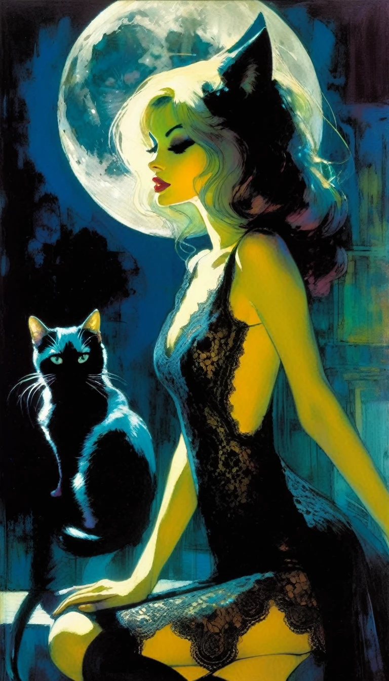 the sexy girl and the cat and the half moon, night, lace dress ( art inspired by Bill Sienkiewicz, oil painting)