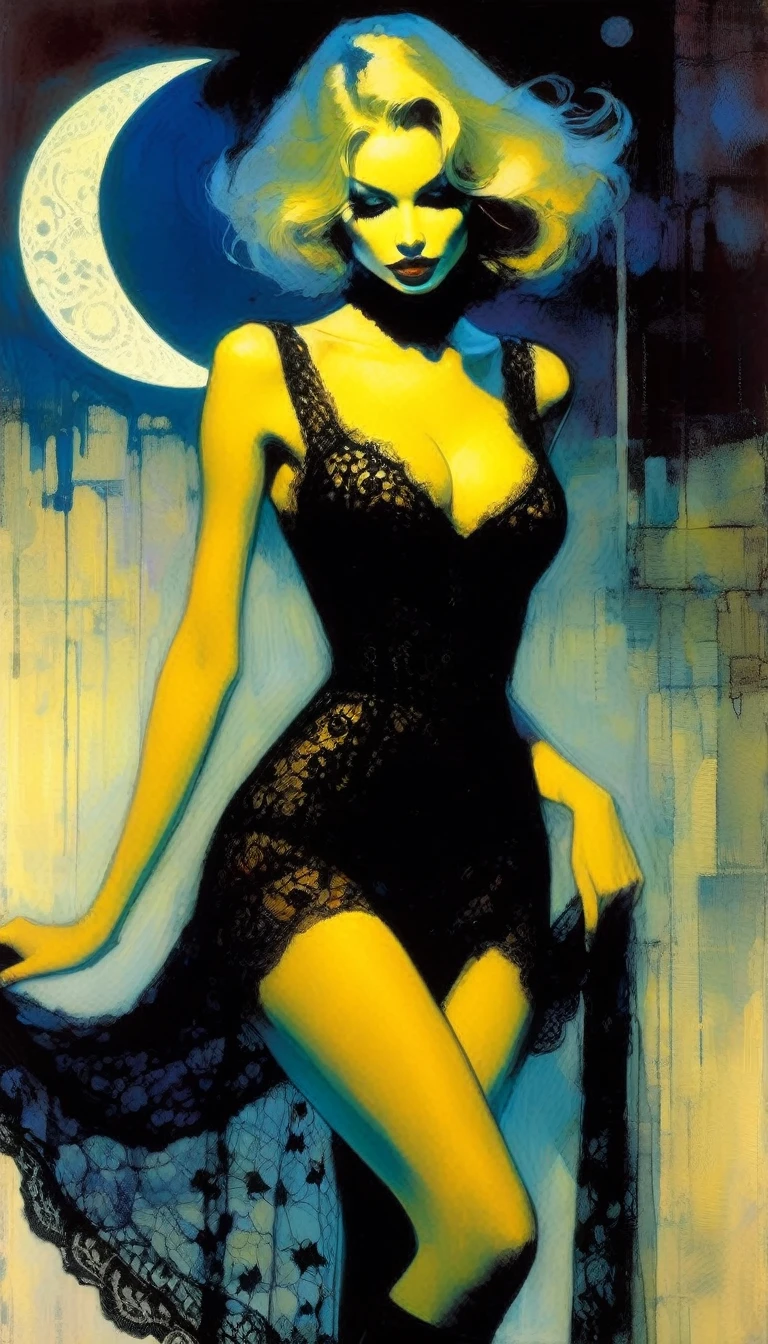 the sexy girl and the cat and the half moon, night, lace dress ( art inspired by Bill Sienkiewicz, oil painting)
