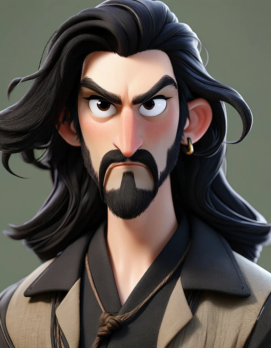 Make me a character of a man with long black hair tied up, with a thin beard, wearing a jacket.