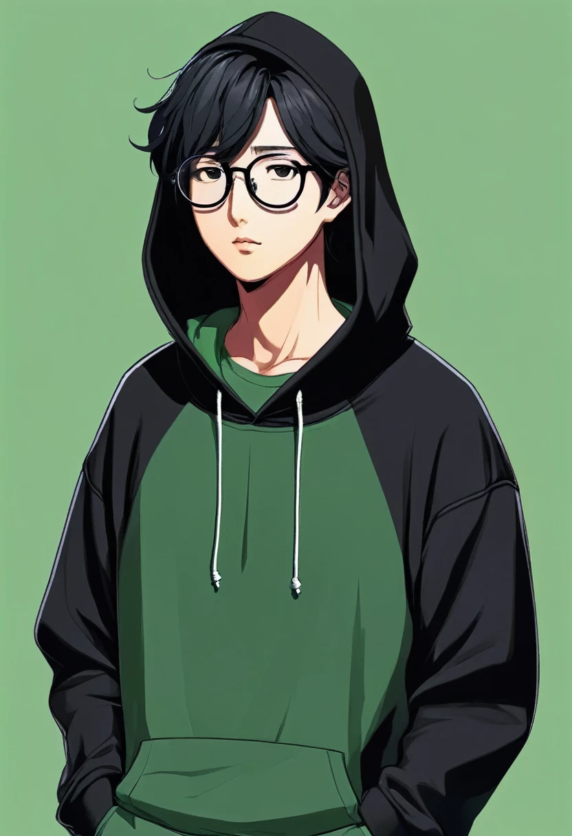 Give me visual novel character. Black hair.Short black beared. Black glasses. No face details. Wearing black hoodie and green pujamas. Looking side ways