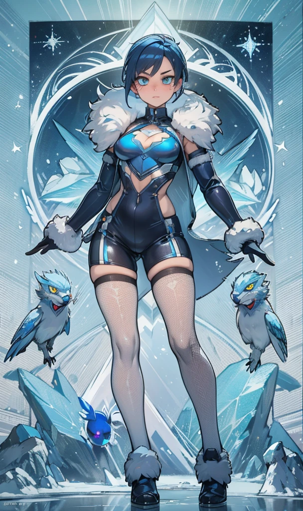 (high-res, vivid colors), blue bird alien, detailed feathers, sparkling eyes, alien landscape, vibrant colors, surreal atmosphere, glowing lights, otherworldly features, intricate patterns, dreamlike scenery, Arctic Frost Ranger: A suit featuring icy blue and frosty white hues, accented with snowflake patterns and frost crystals. This Ranger commands the power of ice and cold, with abilities such as creating blizzards, forming ice constructs for defense, and freezing enemies in their tracks.