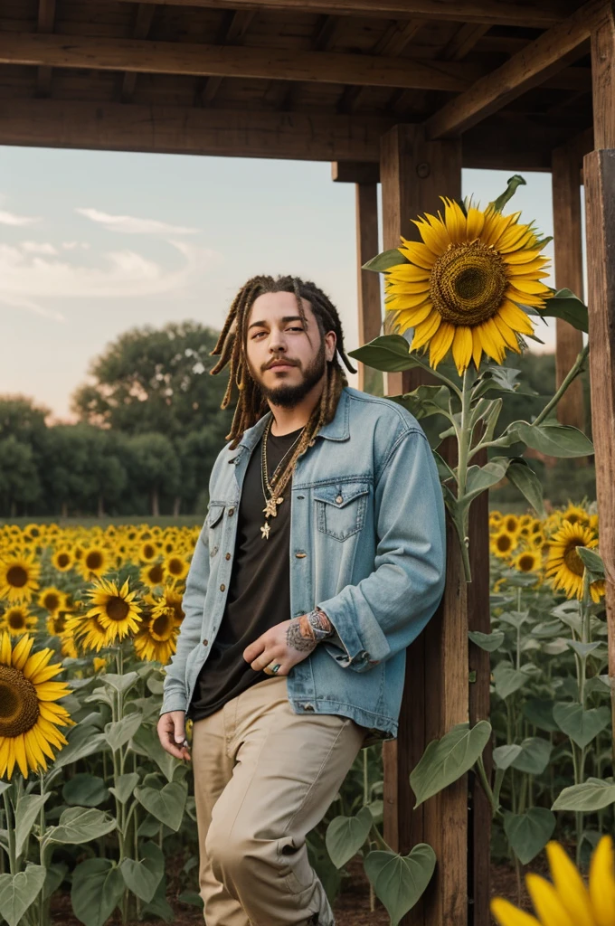 Un hombre con smokin, que en la mano tengo un ramo de girasoles gigante, junto a post malone y swae lee