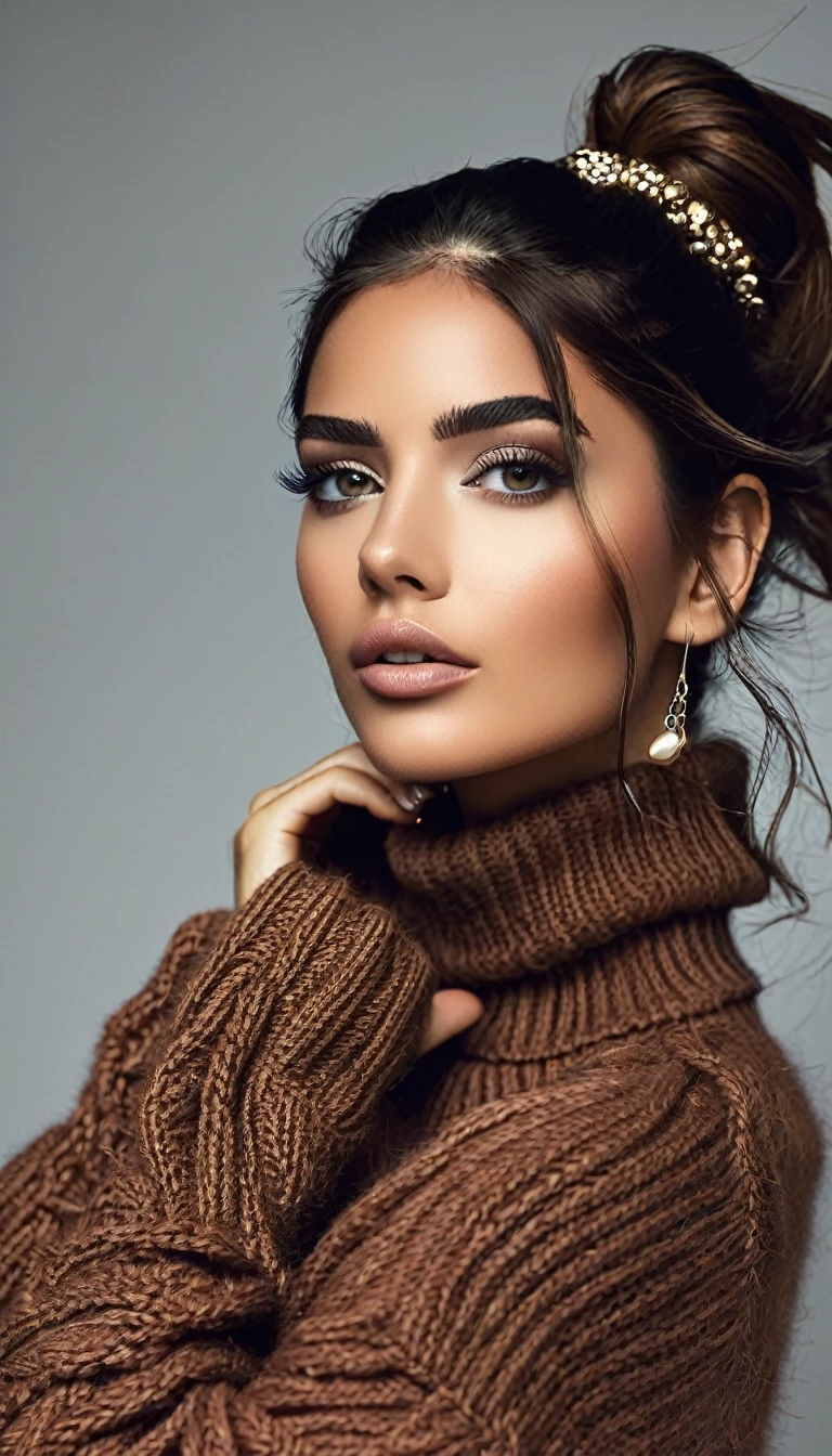 1 garota em, 19 anos, Sozinho, cabelo longo, Colossal , olhando para o espectador, cabelo castanho, Ombros nus, olhos castanhos, jewelry, corpo todo, um colar, fora dos ombros, Sweaters, realista, Uma sexy