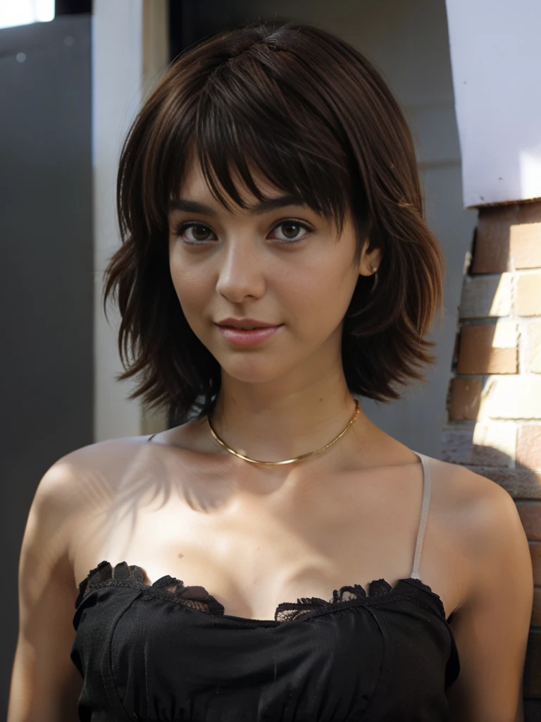 1girl, solo, looking at viewer, short hair, simple background, black hair, jewelry, earrings, parted lips, black eyes, lips, portrait