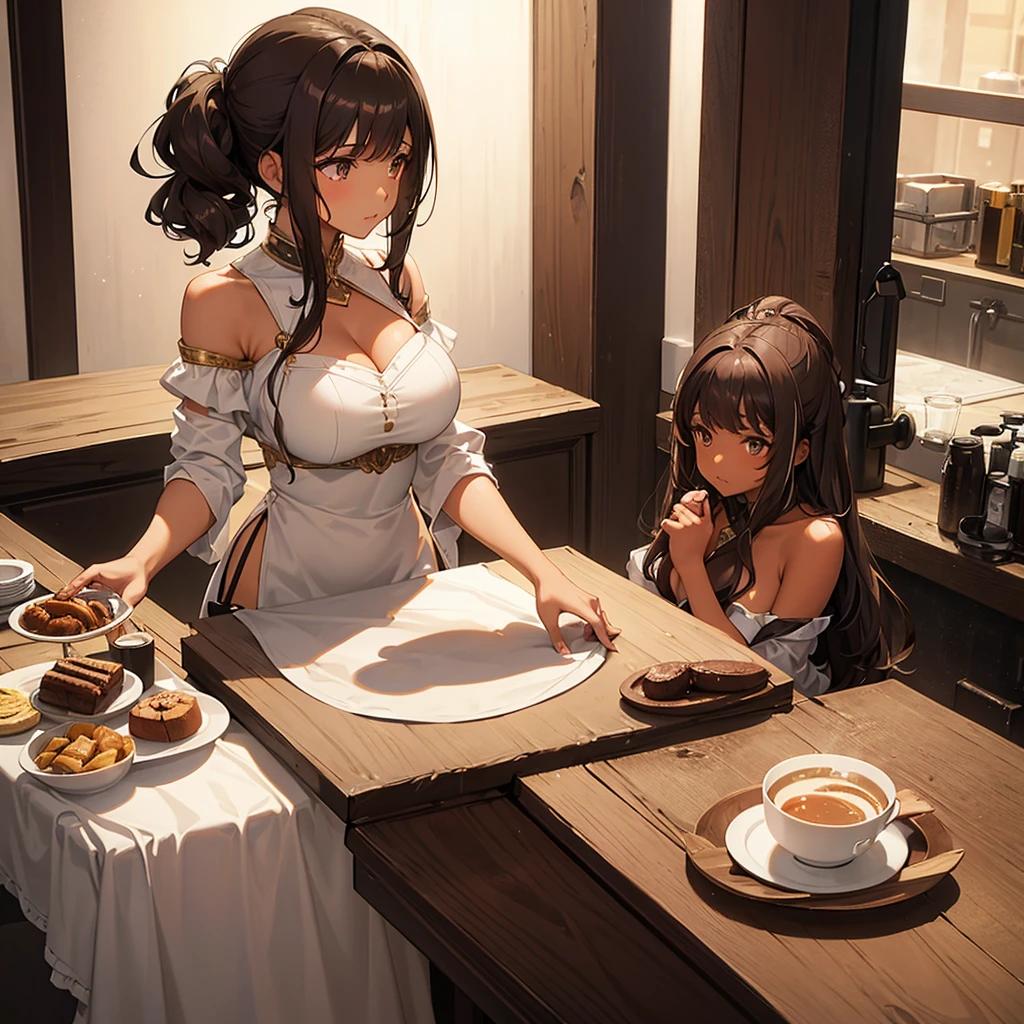 a brunette girl with brown skin, dark brown hair, medium hair, wavy hair with platinum blonde highlights and a styled fringe hair bang, With the position where she has both hands on one table, where her big breasts stand out
