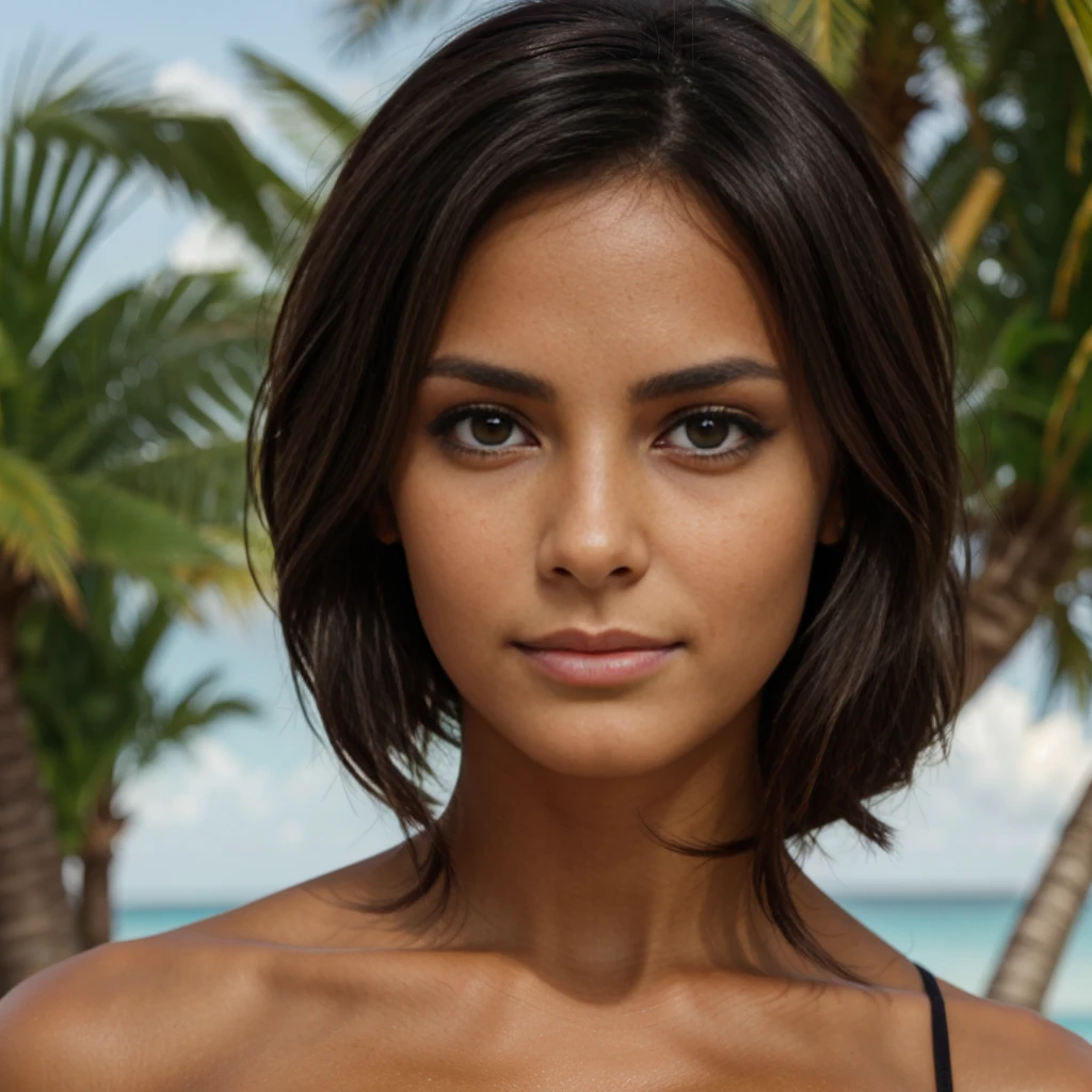 brune, yeux noir, cheveux long, tanned skin