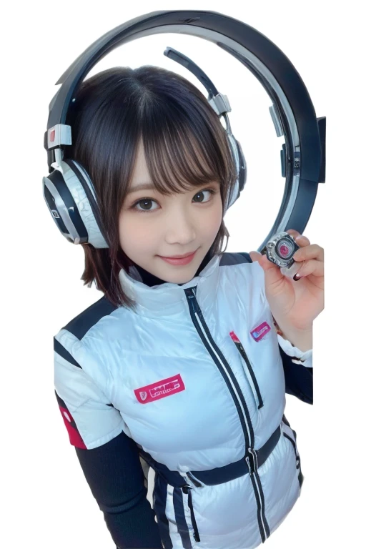 masterpiece, Highest quality, Very detailed, 8K Portrait,Japanese Android Girl,plump , Control panel,Robotic arms and legs, Blunt bangs,,break (Metallic Gray, Metallic luster, Mirror finish, Astro Best):5,headphone:5,break (Black sleeves):100,Smart Watches,Futuristic space station,Control Room,break headphone,blue eyes,(Black Hair):2,(Long Hair):1.3,Displaying the viewer,(respirator),break blush:3,Hidden Hand,smile