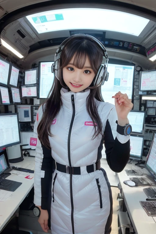 masterpiece, Highest quality, Very detailed, 8K Portrait,Japanese Android Girl,plump , Control panel,Robotic arms and legs, Blunt bangs,,break (Metallic Gray, Metallic luster, Mirror finish, Astro Best):5,headphone:5,break (Black sleeves):100,Smart Watches,Futuristic space station,Control Room,break headphone,blue eyes,(Black Hair):2,(Long Hair):1.3,Displaying the viewer,(respirator),break blush:3,Hidden Hand,smile