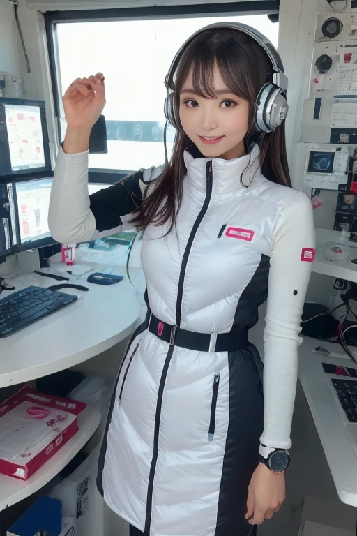 masterpiece, Highest quality, Very detailed, 8K Portrait,Japanese Android Girl,plump , Control panel,Robotic arms and legs, Blunt bangs,,break (Metallic Gray, Metallic luster, Mirror finish, Astro Best):5,headphone:5,break (Black sleeves):100,Smart Watches,Futuristic space station,Control Room,break headphone,blue eyes,(Black Hair):2,(Long Hair):1.3,Displaying the viewer,(respirator),break blush:3,Hidden Hand,smile