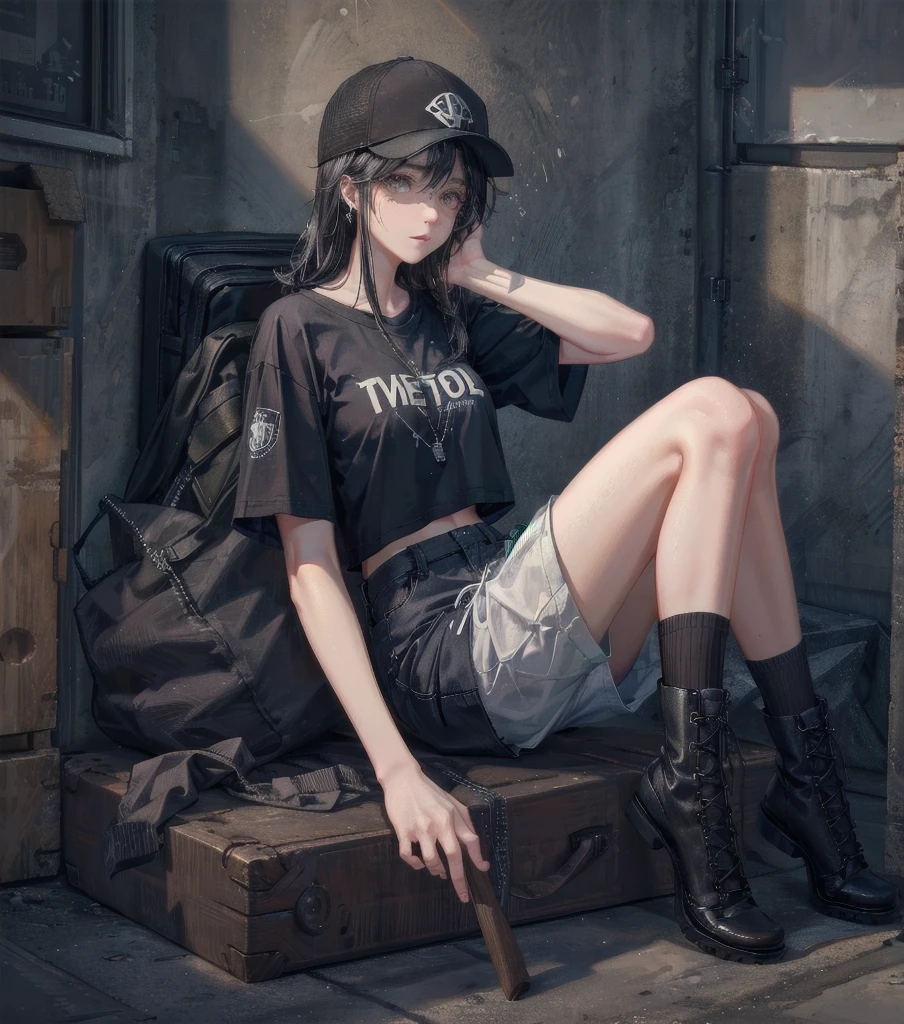 whole body, girl, big tits, medium hair, black hair, tearful mole, earring, baseball cap, black T-shirt, cargo shorts,