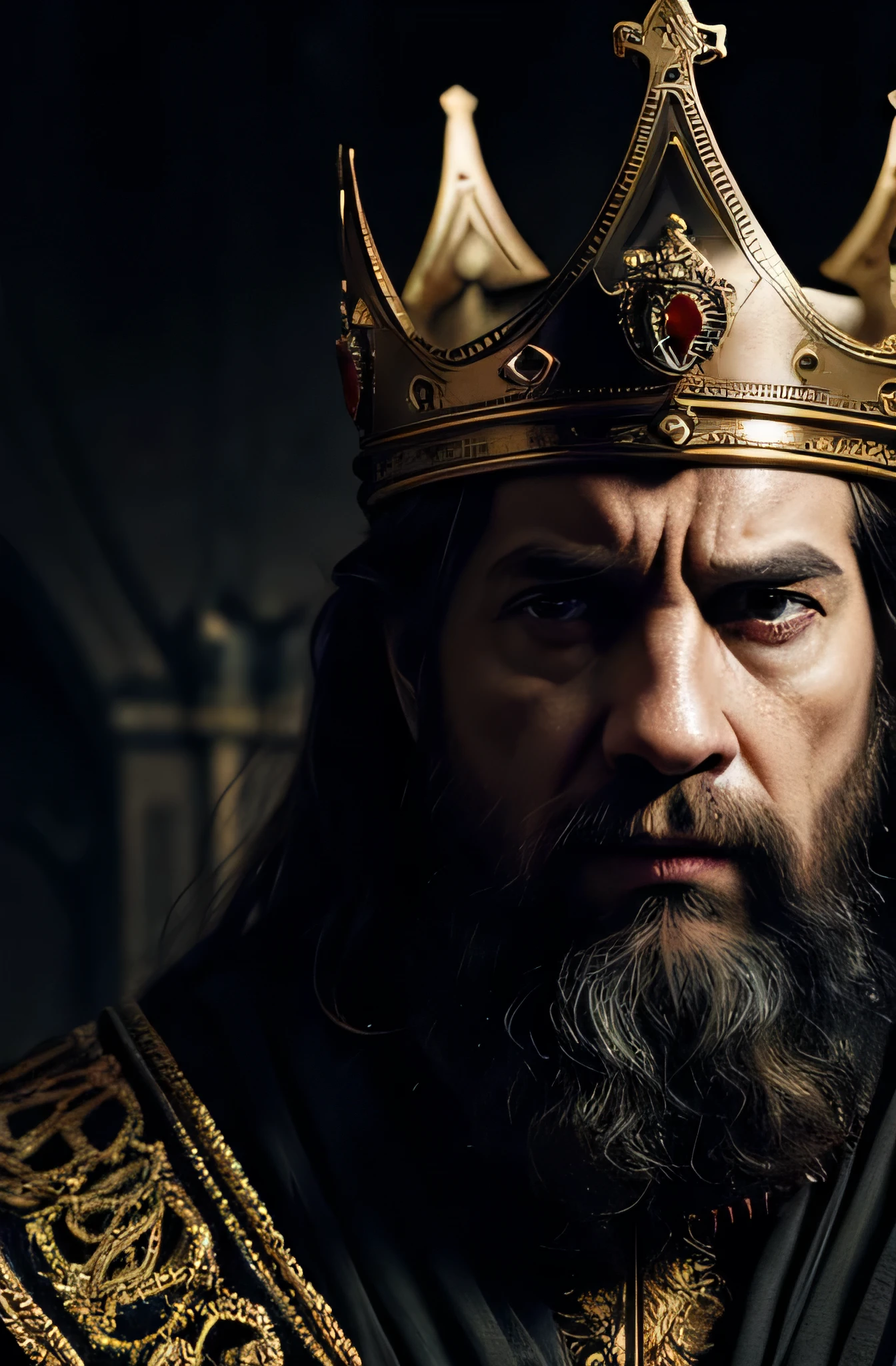a scared king of jerusalem, detailed portrait, extremely detailed face, ornate crown, royal robes, medieval castle, dramatic lighting, muted color palette, cinematic composition, dark fantasy, intricate details, award winning digital art