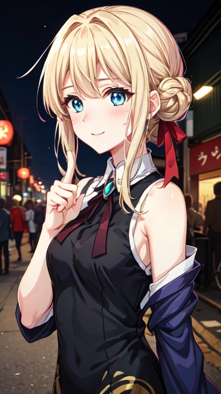 (high quality:1.4), (high resolution:1.3), (incredibly detailed:1.28), cinematic lighting, masterpiece, perfect anatomy,1woman,adult woman, slim, blonde hair , ,messy hair, disheveled hair, blue eyes, Beautiful blue eyes,droopy eyes, high pointed nose,nostrils , violet evergarden ,blush,correct finger,beautiful fingers,
,outdoor,,smile,upper body close-up,various expressions,she is drunk,Very fun,
mini dress,casual mini dress,mini skirt,sleeveless shirt,Adult-like dress,
syonbenyokocho, street, japan,