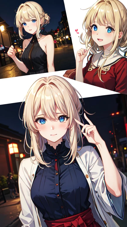 (high quality:1.4), (high resolution:1.3), (incredibly detailed:1.28), cinematic lighting, masterpiece, perfect anatomy,1woman,adult woman, slim, blonde hair , ,messy hair, disheveled hair, blue eyes, Beautiful blue eyes,droopy eyes, high pointed nose,nostrils , violet evergarden ,blush,correct finger,beautiful fingers,
,outdoor,,smile,upper body close-up,various expressions,she is drunk,Very fun,
mini dress,casual mini dress,mini skirt,sleeveless shirt,Adult-like dress,
syonbenyokocho, street, japan,