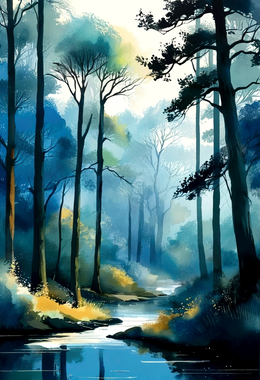 Trees in the forest々With, Digital painting inspired by Sam Bosma, Behance Contest Winner, tonalism, digital watercolor painting, painterly illustration, Abstract nature landscape, Rich watercolors, Watercolor illustration style, digital watercolor painting painting, Watercolor digital painting, Digital Landscape Painting, abstract scenery, Calm light blue, Expressive digital painting