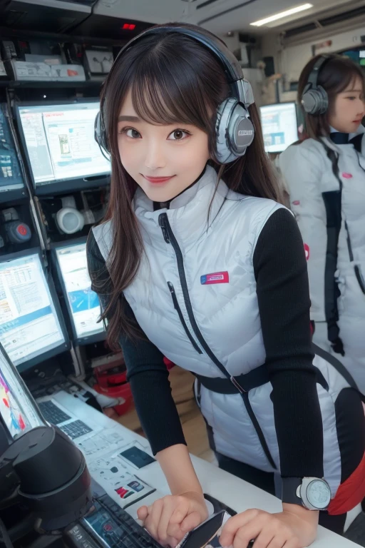 masterpiece, Highest quality, Very detailed, 8K Portrait,Japanese Android Girl,plump , Control panel,Robotic arms and legs, Blunt bangs,,break (Metallic Gray, Metallic luster, Mirror finish, Astro Best):5,headphone:5,break (Black sleeves):100,Smart Watches,Futuristic space station,Control Room,break headphone,blue eyes,(Black Hair):2,(Long Hair):1.3,Displaying the viewer,(respirator),break blush:3,Hidden Hand,smile
