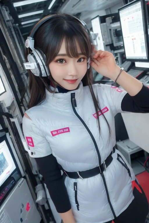 masterpiece, Highest quality, Very detailed, 8K Portrait,Japanese Android Girl,plump , Control panel,Robotic arms and legs, Blunt bangs,,break (Metallic Gray, Metallic luster, Mirror finish, Astro Best):5,headphone:5,break (Black sleeves):100,Smart Watches,Futuristic space station,Control Room,break headphone,blue eyes,(Black Hair):2,(Long Hair):1.3,Displaying the viewer,(respirator),break blush:3,Hidden Hand,smile