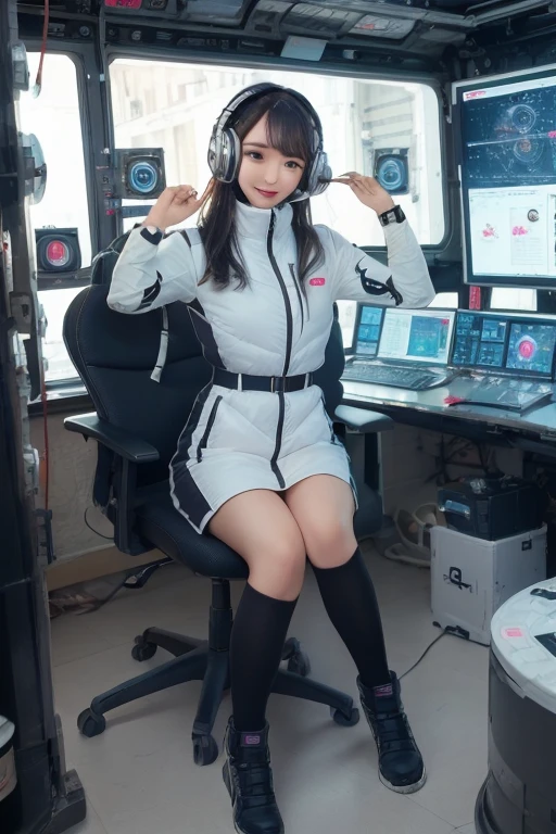 masterpiece, Highest quality, Very detailed, 8K Portrait,Japanese Android Girl,plump , Control panel,Robotic arms and legs, Blunt bangs,,break (Metallic Gray, Metallic luster, Mirror finish, Astro Best):5,headphone:5,break (Black sleeves):100,Smart Watches,Futuristic space station,Control Room,break headphone,blue eyes,(Black Hair):2,(Long Hair):1.3,Displaying the viewer,(respirator),break blush:3,Hidden Hand,smile