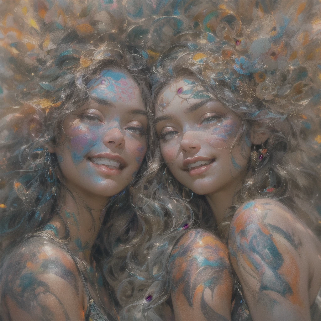 Surreal psychedelic artwork、Three very beautiful young women with body paint laughing、Erotic atmosphere、(Highest quality、4k、8k、High resolution、masterpiece:1.2)、Super detailed、(Real、Photorealistic、Photorealistic:1.37)、Super detailedな顔、Intricate details、Bright colors、Dramatic lighting、Dreamy and surreal setting、Ethereal atmosphere、Sensual pose、High Fashion Lingerie、Shiny skin、long flowing hair、Captivating look
