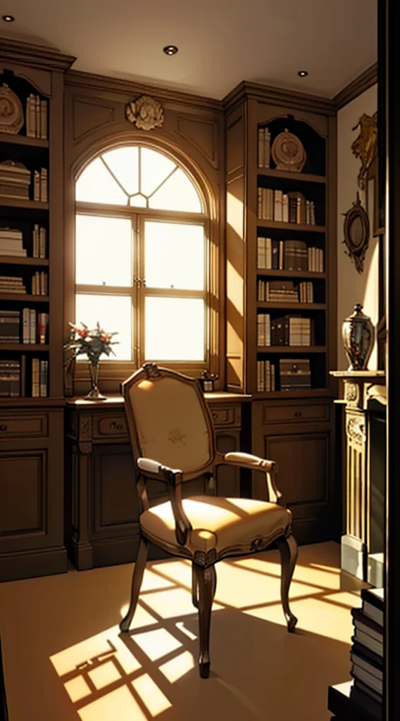 (tmasterpiece, high resolution, ultra - detailed:1.0), (study, Books, desk, chair,Bookshelves,French window, decorations, fireplace), color difference, Depth of field, dramatic shadow, Ray tracing, Best quality, Cinematic lighting, offcial art