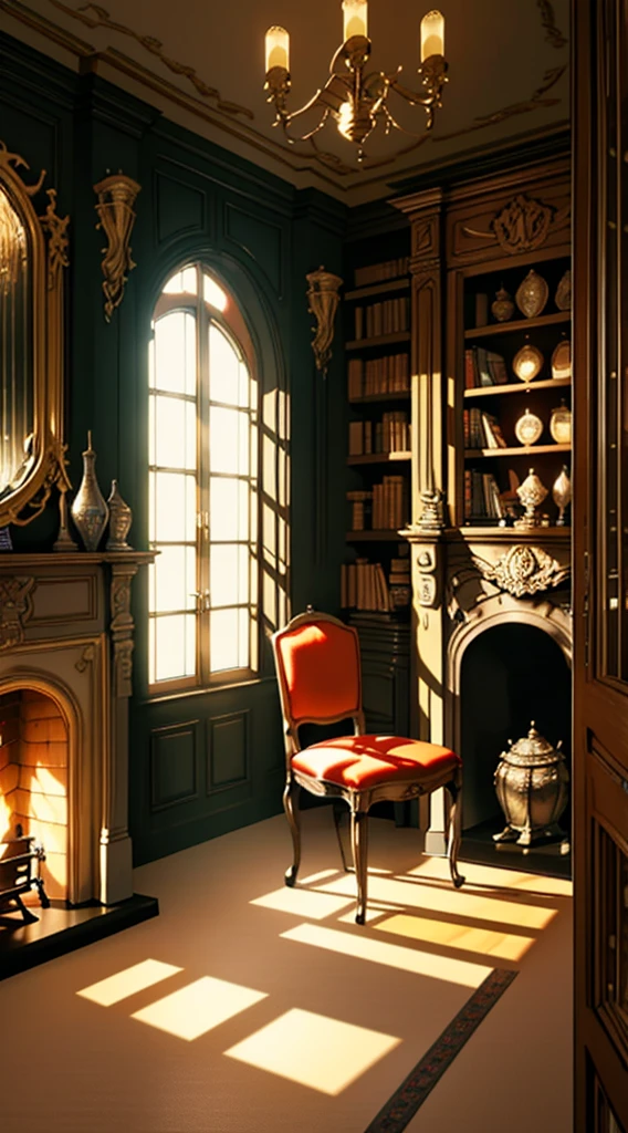(tmasterpiece, high resolution, ultra - detailed:1.0), (study, Books, desk, chair,Bookshelves,French window, decorations, fireplace), color difference, Depth of field, dramatic shadow, Ray tracing, Best quality, Cinematic lighting, offcial art