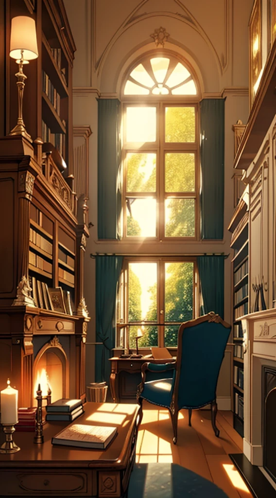 (tmasterpiece, high resolution, ultra - detailed:1.0), (study, Books, desk, chair,Bookshelves,French window, decorations, fireplace), color difference, Depth of field, dramatic shadow, Ray tracing, Best quality, Cinematic lighting, offcial art