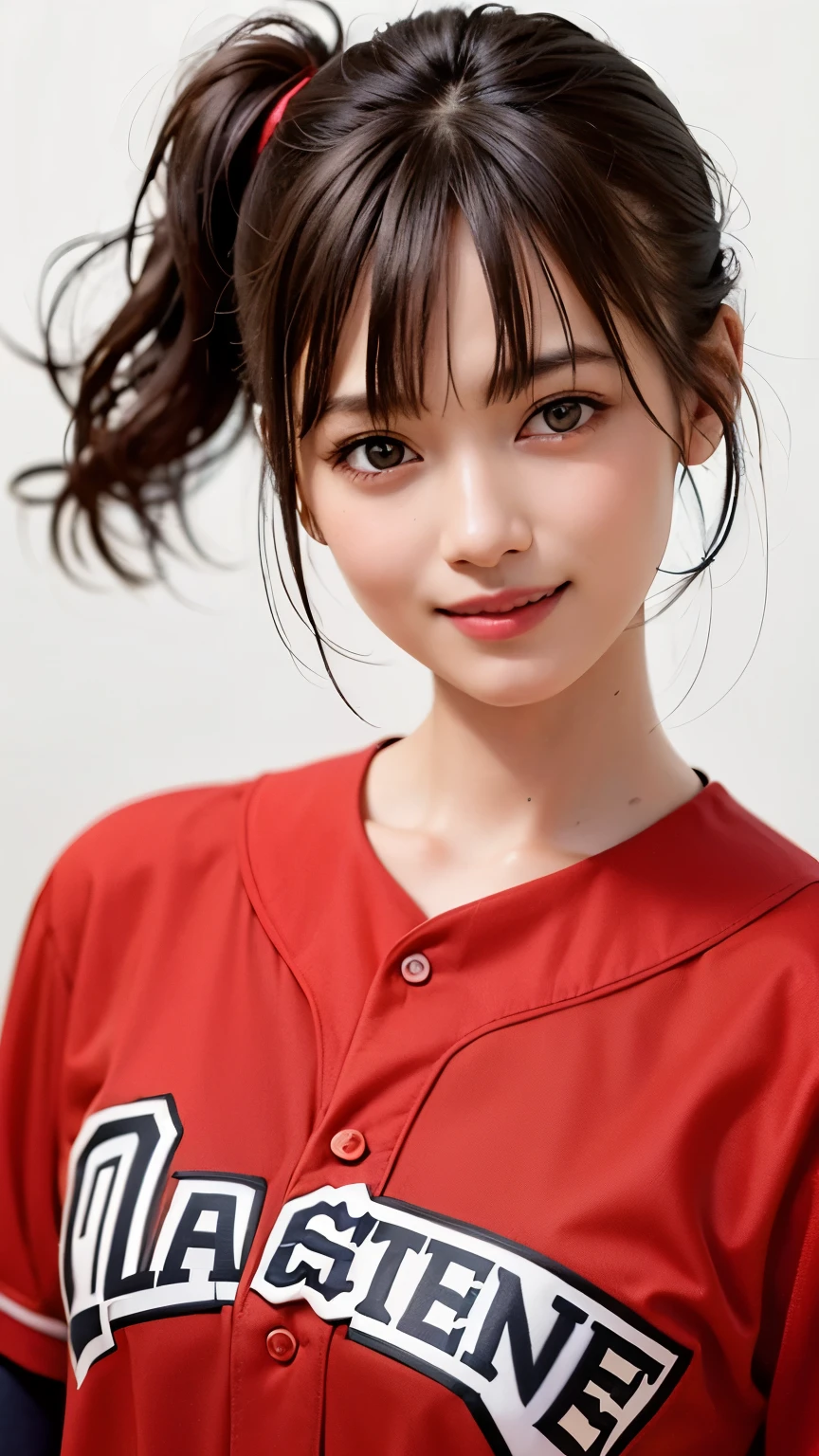 (Highest quality、8k、32K、masterpiece)、(Realistic)、(Realistic:1.2)、(High resolution)、Very detailed、Very beautiful face and eyes、1 Girl、Round and small face、Tight waist、(close、Highest quality、Attention to detail、Rich skin detail)、(Highest quality、8k、Oil paints:1.2)、(Realistic、Realistic:1.37)、Bright colors、(((Brown Hair)))、(((Upper Body Shot)))、(((Medium Hair)))、(((White wall background)))、(((Fun expression)))、(((Baseball uniform)))、(((Red uniform)))、smile、Brown Hair、pitcher、(((Side Ponytail)))
