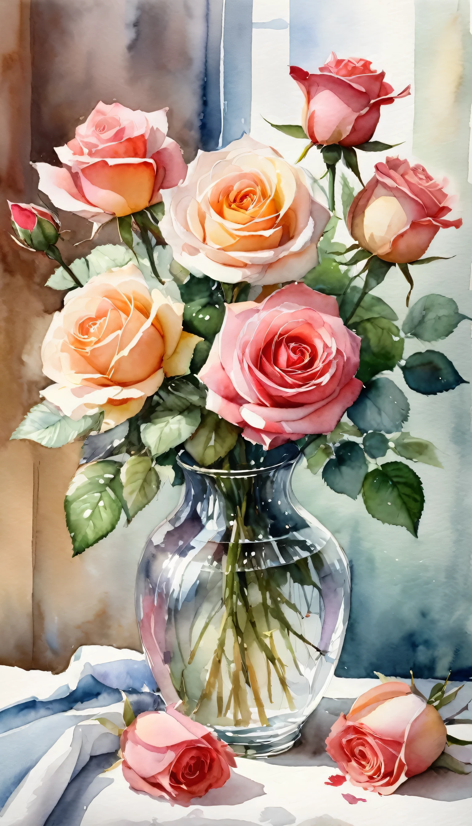 Watercolor：Beautiful roses in a vase in the bedroom