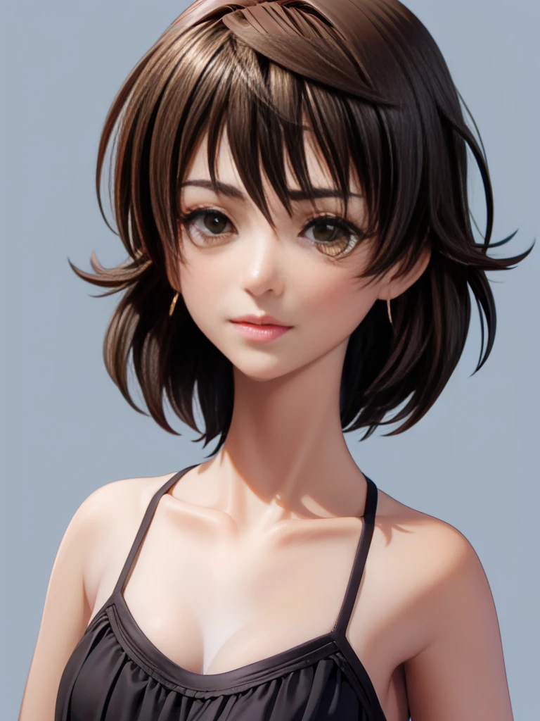 1girl, solo, looking at viewer, short hair, simple background, black hair, jewelry, earrings, parted lips, black eyes, lips, portrait
