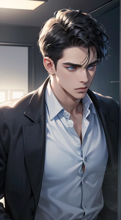 (best quality, masterpiece, 8K, photorealistic, cinematic lighting, 1:4 hdr image, ultra detailed, beautiful image), a mature man, 34 years very handsome, ((cold expression)), short black hair, blue eyes, face perfect without mistakes, ((buttoning his jacket, CEO))