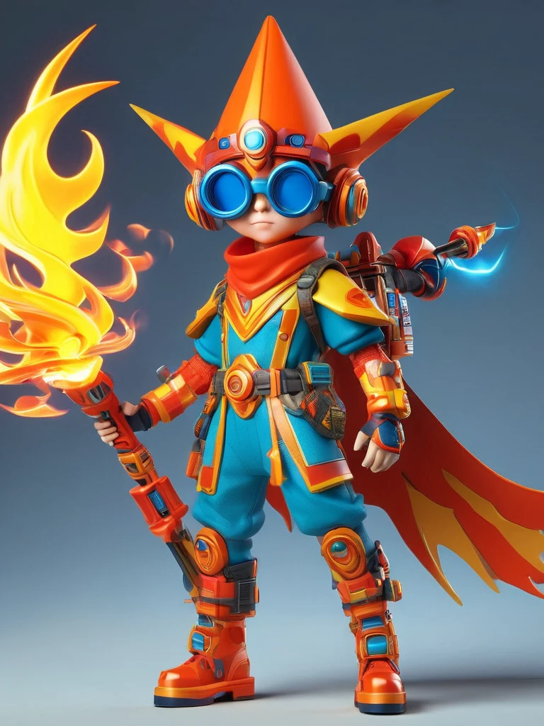 1boy, solo, fire energy, element of fire, wearing a pointy orange headdress, large circular glasses, red highlights, wearing a bright red and orange square outfit, high-heeled boots, holding a fire weapon, best quality, original, full body, cartoon style, 3d character rendering, created with C4D and Blender, accurate, blind box toy style, super detailed, anatomically correct, masterpiece