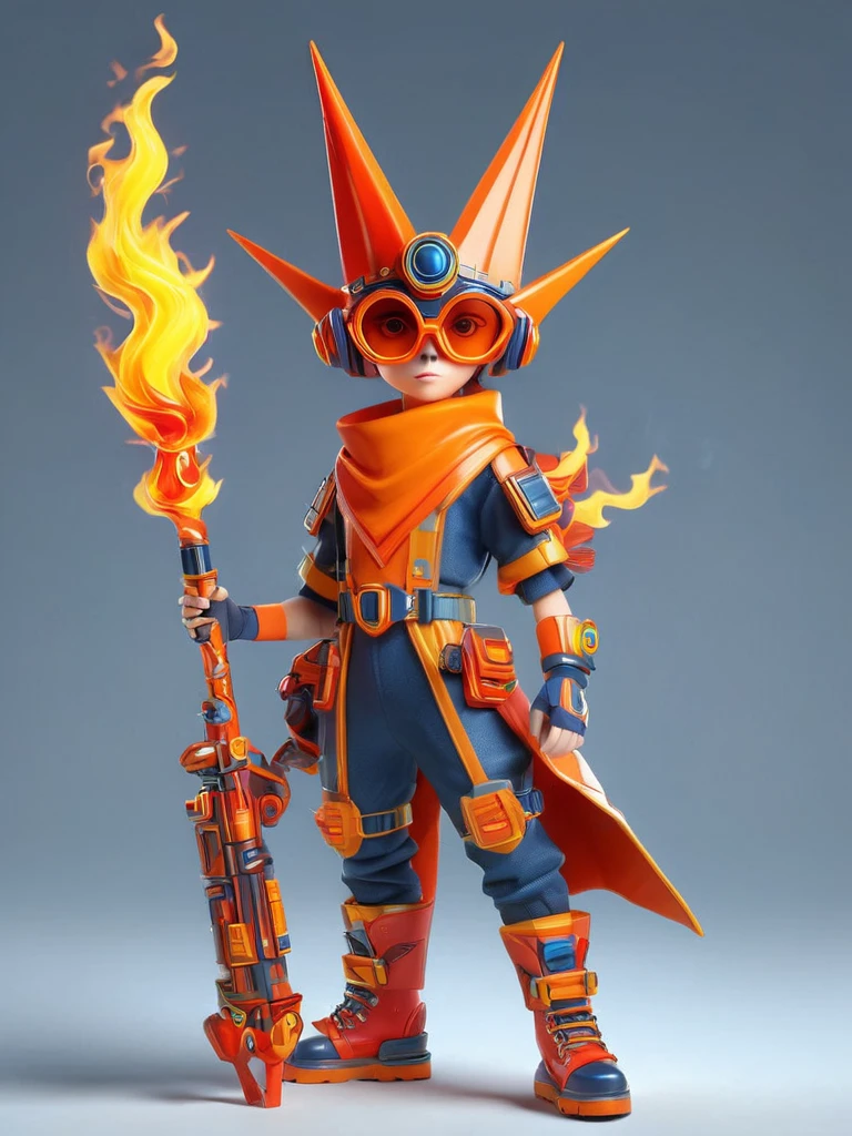 1boy, solo, fire energy, element of fire, wearing a pointy orange headdress, large circular glasses, red highlights, wearing a bright red and orange square outfit, high-heeled boots, holding a fire weapon, best quality, original, full body, cartoon style, 3d character rendering, created with C4D and Blender, accurate, blind box toy style, super detailed, anatomically correct, masterpiece