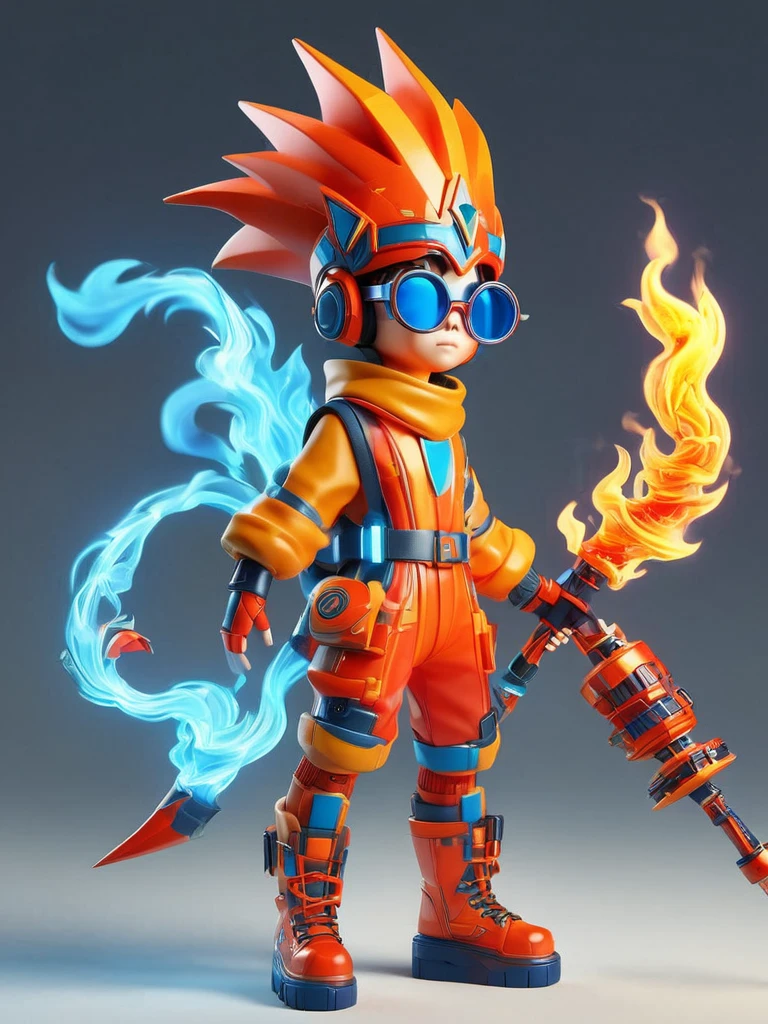 1boy, solo, fire energy, element of fire, wearing a pointy orange headdress, large circular glasses, red highlights, wearing a bright red and orange square outfit, high-heeled boots, holding a fire weapon, best quality, original, full body, cartoon style, 3d character rendering, created with C4D and Blender, accurate, blind box toy style, super detailed, anatomically correct, masterpiece