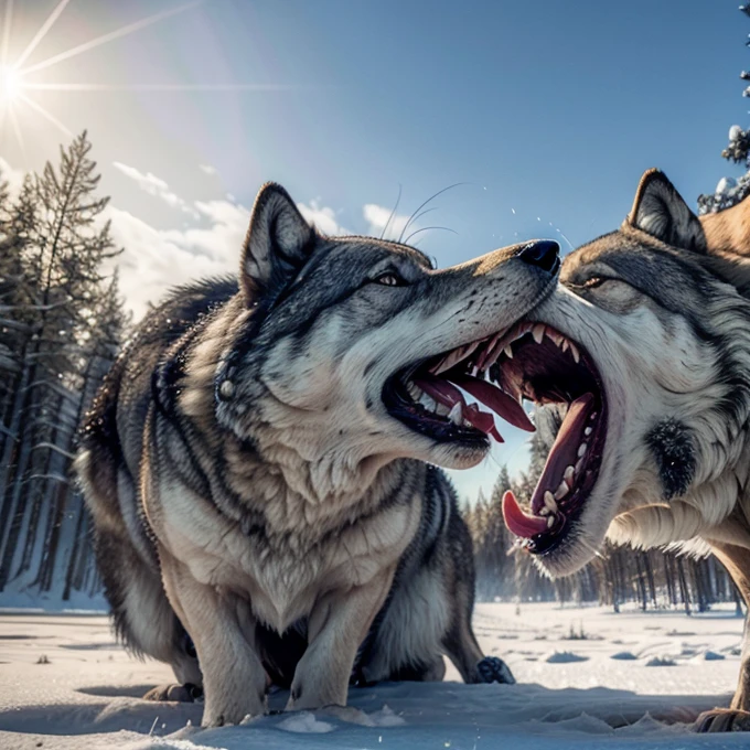 Two big wolves fighting