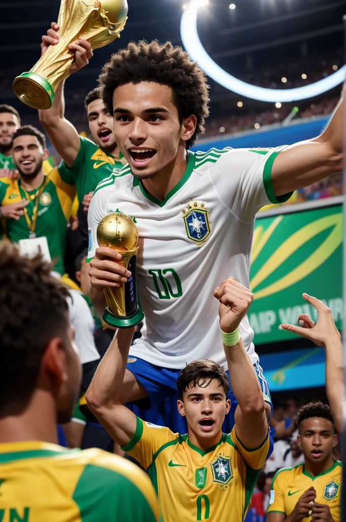 A Brazilian national team player holding the World Cup trophy while his teammates cheer in the background