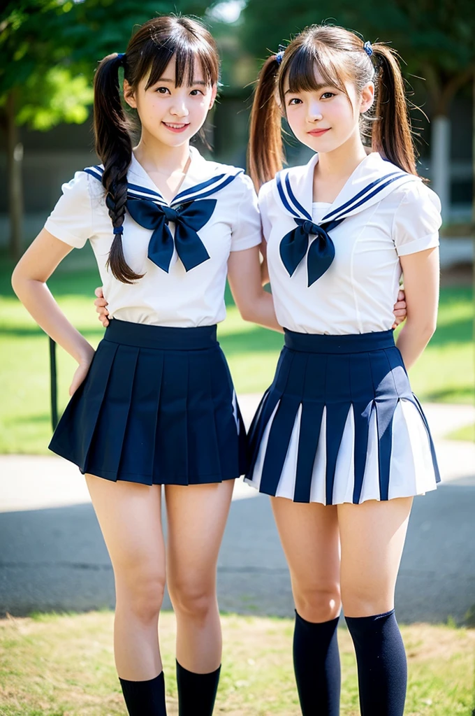 2 girls standing in school yard,short-sleeved white sailor leotard with navy blue skirt frills,red bow tie,school bags,18-year-old,bangs,a little smile,large bare thighs,knees,legs apart,short hair with low pigtails,from before,front light