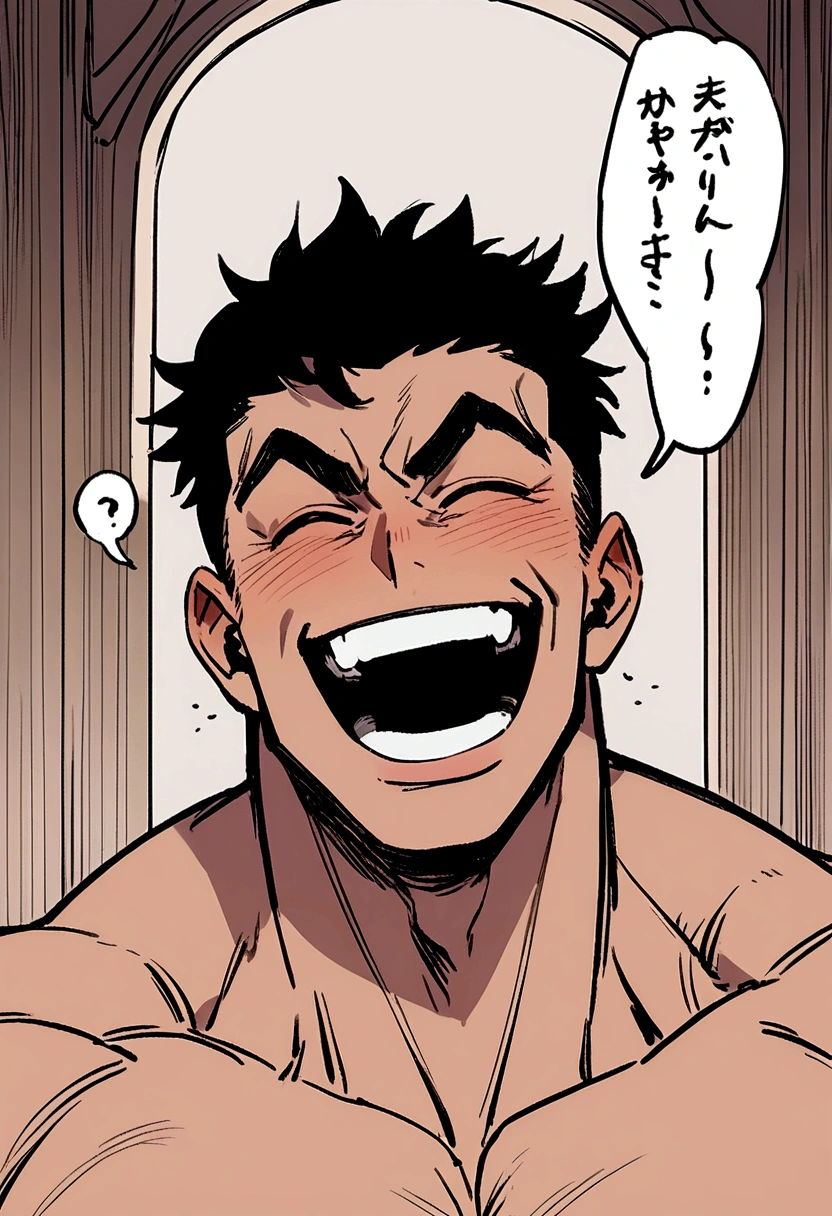 muscular man with short hair laughing