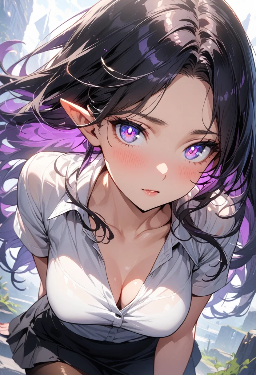 ((highest quality, masterpiece, ultra high definition, high resolution)), ((ultra-detailed illustrations:1.2)), 1 girl, solo, anime style, beautiful hair, parted bangs, loose hair, long hair, black hair, dark purple hair, multi colored hair, beautiful detailed eyes, beautiful detailed pupils, violet eyes, looking at viewer, pointed ears, mid-chest, white shirt, collared shirt, short sleeves, black mini skirt, pantyhose, shiny skin, shiny, outdoor