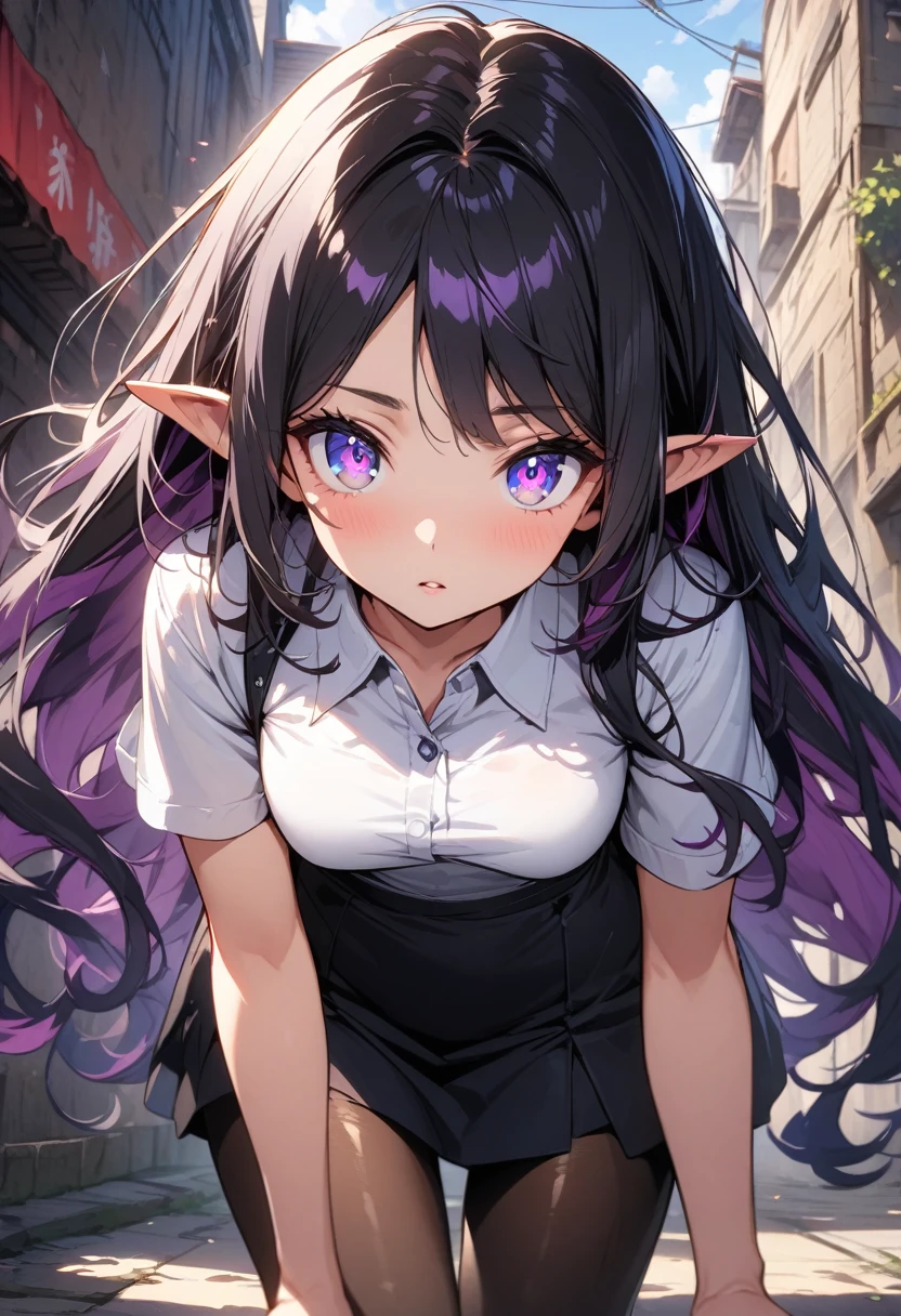 ((highest quality, masterpiece, ultra high definition, high resolution)), ((ultra-detailed illustrations:1.2)), 1 girl, solo, anime style, beautiful hair, parted bangs, loose hair, long hair, black hair, dark purple hair, multi colored hair, beautiful detailed eyes, beautiful detailed pupils, violet eyes, looking at viewer, pointed ears, mid-chest, white shirt, collared shirt, short sleeves, black mini skirt, pantyhose, shiny skin, shiny, outdoor