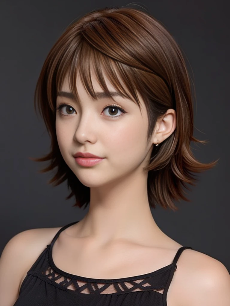 1girl, solo, looking at viewer, short hair, simple background, black hair, jewelry, earrings, parted lips, black eyes, lips, portrait
