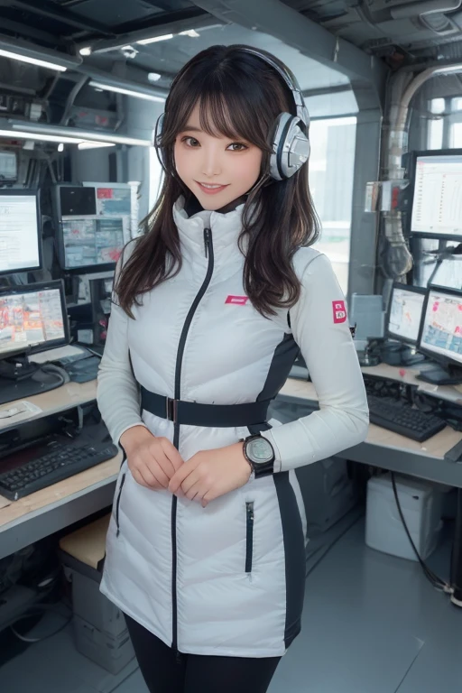 masterpiece, Highest quality, Very detailed, 8K Portrait,Japanese Android Girl,plump , Control panel,Robotic arms and legs, Blunt bangs,,break (Metallic Gray, Metallic luster, Mirror finish, Astro Best):5,headphone:5,break (Black sleeves):100,Smart Watches,Futuristic space station,Control Room,break headphone,blue eyes,(Black Hair):2,(Long Hair):1.3,Displaying the viewer,(respirator),break blush:3,Hidden Hand,smile