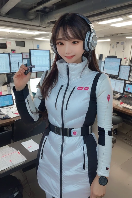 masterpiece, Highest quality, Very detailed, 8K Portrait,Japanese Android Girl,plump , Control panel,Robotic arms and legs, Blunt bangs,,break (Metallic Gray, Metallic luster, Mirror finish, Astro Best):5,headphone:5,break (Black sleeves):100,Smart Watches,Futuristic space station,Control Room,break headphone,blue eyes,(Black Hair):2,(Long Hair):1.3,Displaying the viewer,(respirator),break blush:3,Hidden Hand,smile