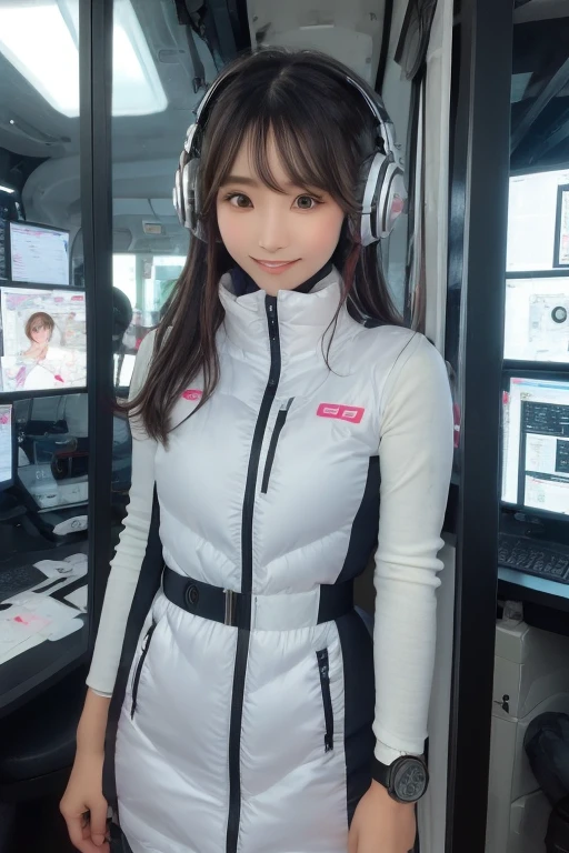 masterpiece, Highest quality, Very detailed, 8K Portrait,Japanese Android Girl,plump , Control panel,Robotic arms and legs, Blunt bangs,,break (Metallic Gray, Metallic luster, Mirror finish, Astro Best):5,headphone:5,break (Black sleeves):100,Smart Watches,Futuristic space station,Control Room,break headphone,blue eyes,(Black Hair):2,(Long Hair):1.3,Displaying the viewer,(respirator),break blush:3,Hidden Hand,smile